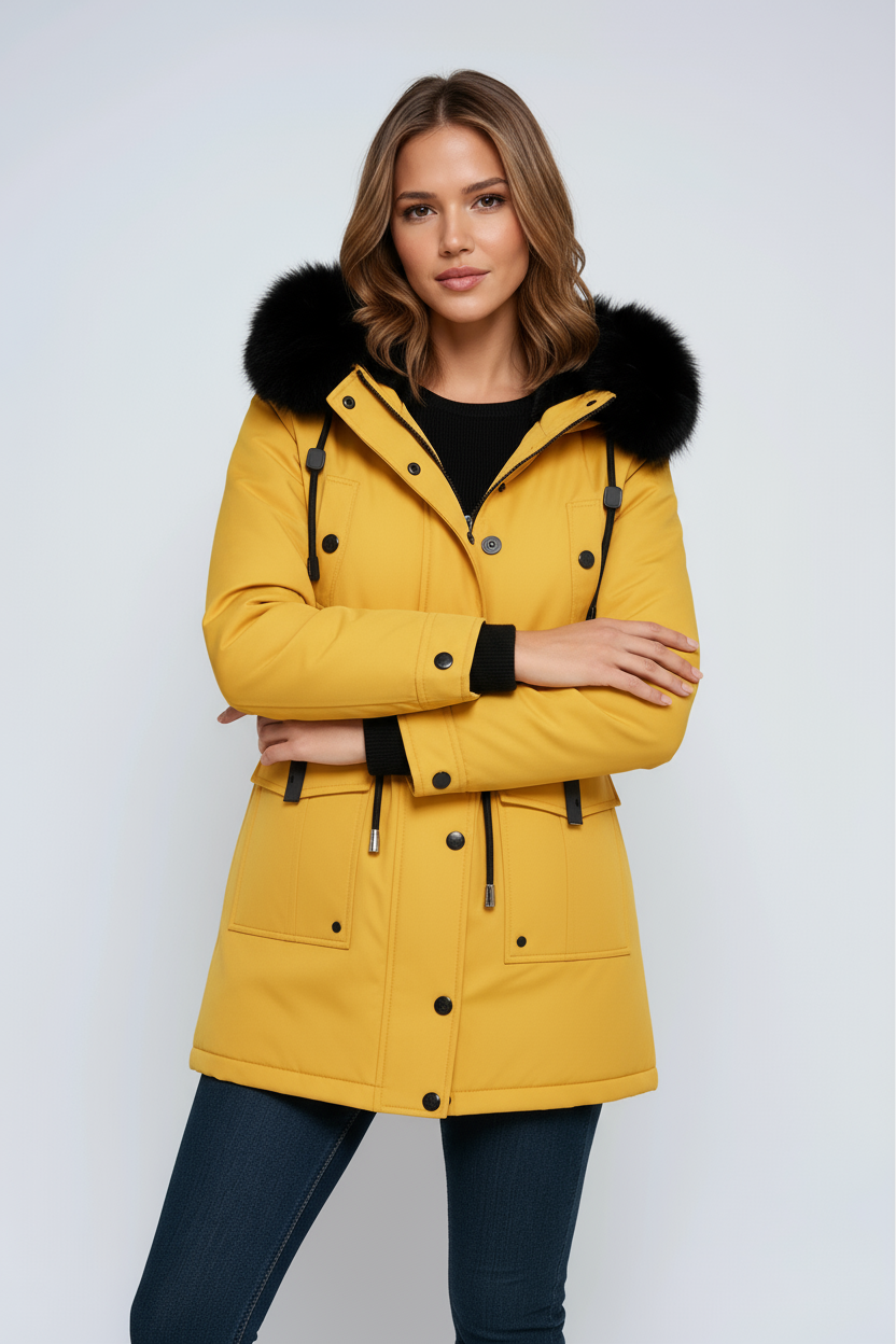 Women's parka coat with a faux fur hood and cinched waist for winter