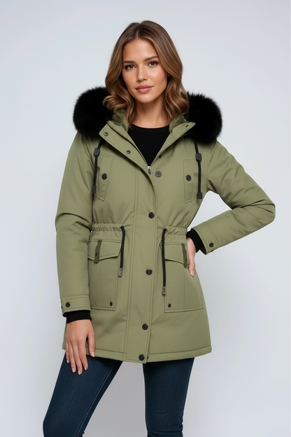 Women's parka coat with a faux fur hood and cinched waist for winter