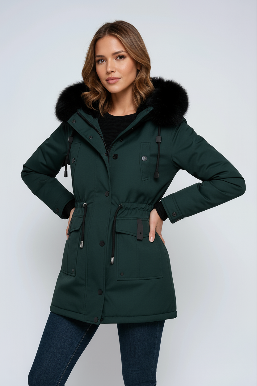 Women's parka coat with a faux fur hood and cinched waist for winter