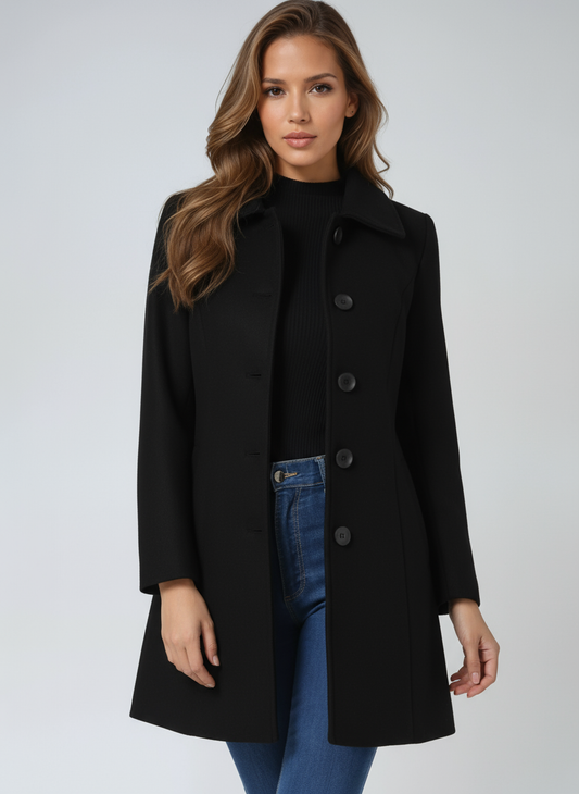 Women's single-breasted cotton trench coat in a longline winter silhouette