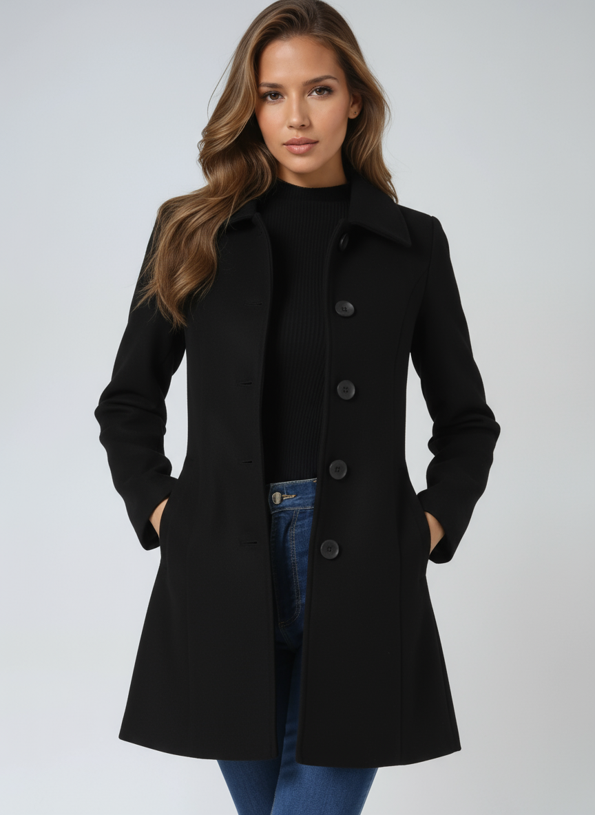 Women's single-breasted cotton trench coat in a longline winter silhouette
