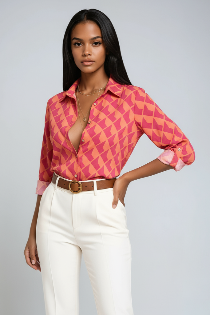 Women's printed button-up blouse with pointed collar and 3/4 sleeves