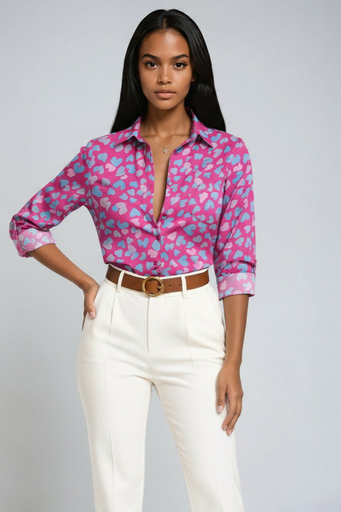 Women's printed button-up blouse with pointed collar and 3/4 sleeves