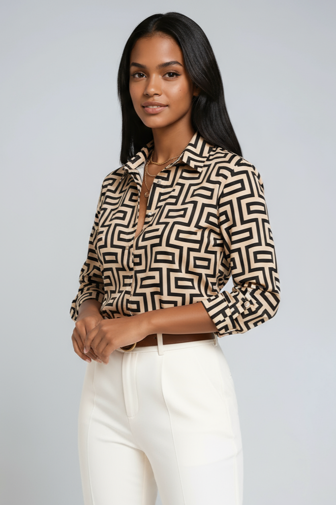 Women's printed button-up blouse with pointed collar and 3/4 sleeves