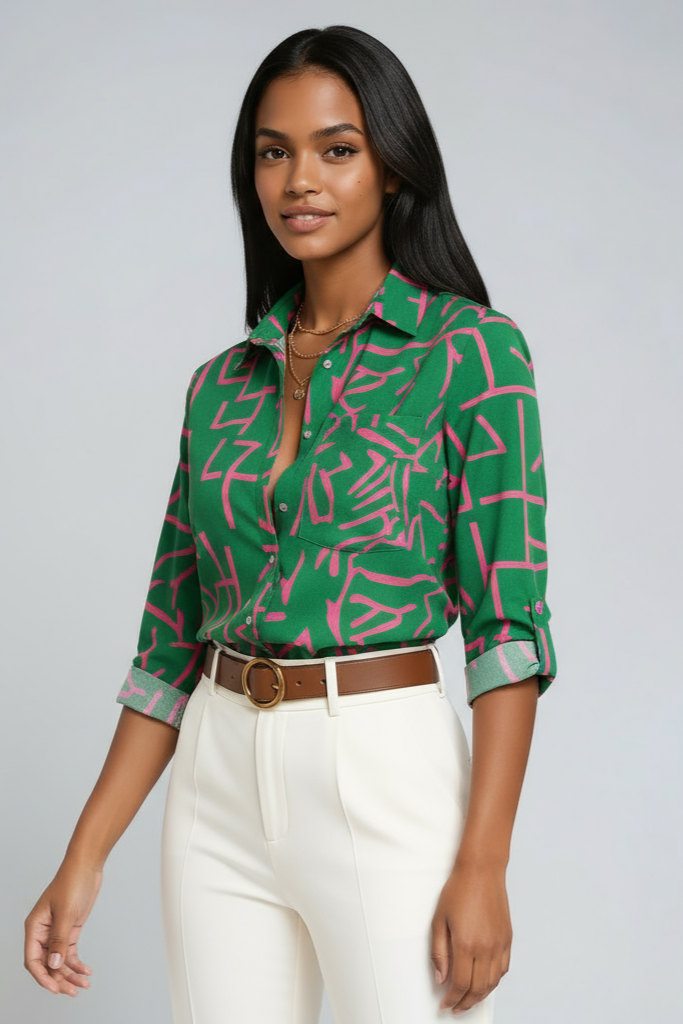 Women's printed button-up blouse with pointed collar and 3/4 sleeves
