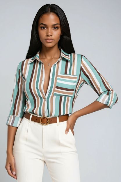 Women's printed button-up blouse with pointed collar and 3/4 sleeves