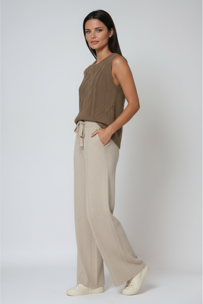 Women's cotton knit drawstring trousers with a relaxed straight-leg fit