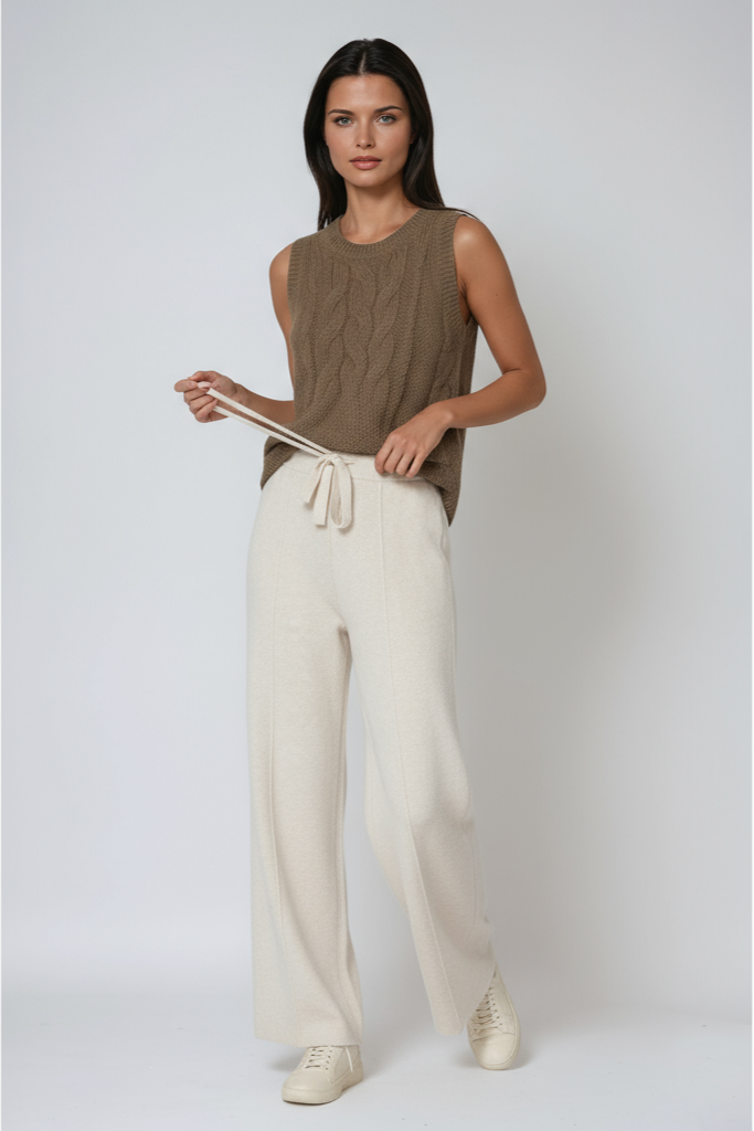 Women's cotton knit drawstring trousers with a relaxed straight-leg fit