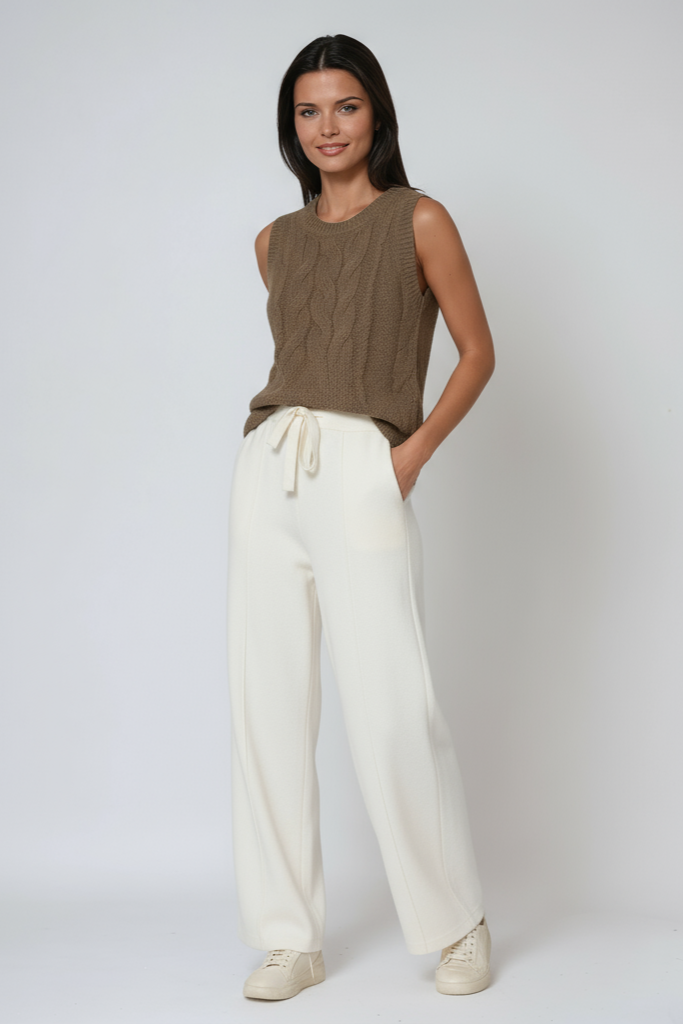 Women's cotton knit drawstring trousers with a relaxed straight-leg fit