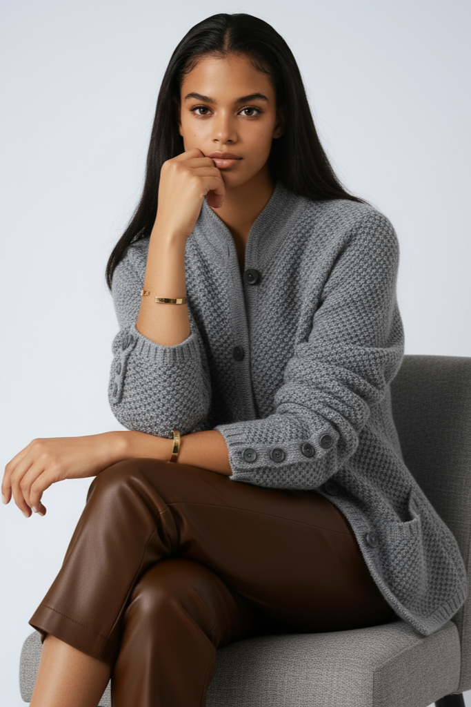 Women's cotton knit cardigan with button front and stand collar