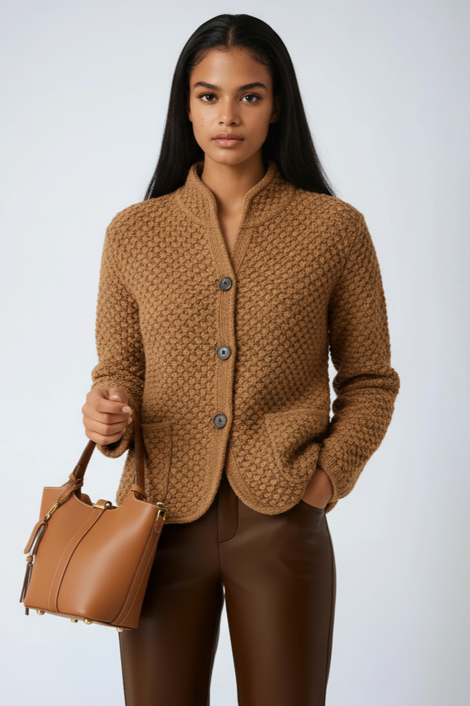 Women's cotton knit cardigan with button front and stand collar