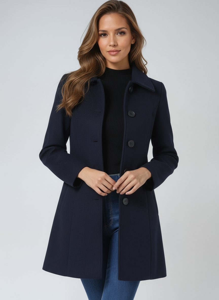 Women's single-breasted cotton trench coat in a longline winter silhouette
