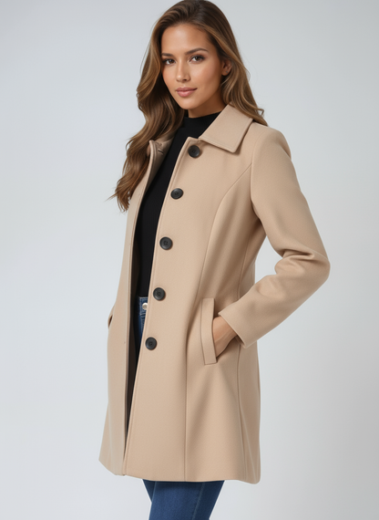 Women's single-breasted cotton trench coat in a longline winter silhouette