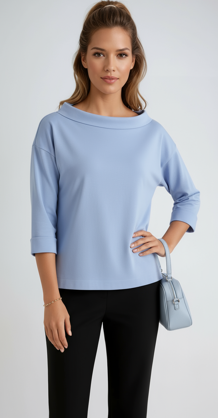 Women's cotton boat neck top with relaxed 3/4 sleeves