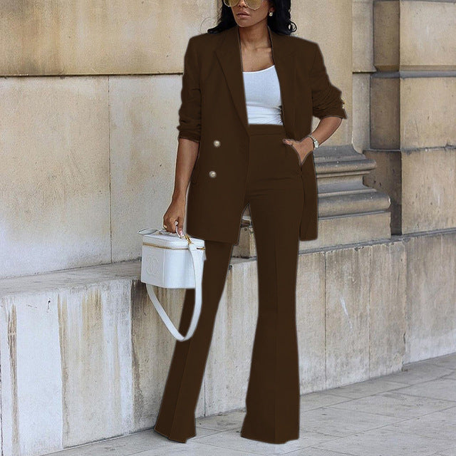 Women's white two-piece blazer and wide-leg trouser suit set