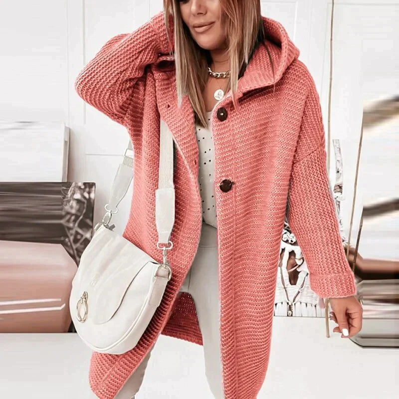 Women's long hooded knit cardigan