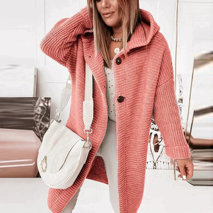 Women's long hooded knit cardigan