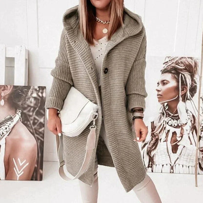 Women's long hooded knit cardigan