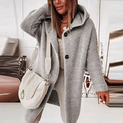 Women's long hooded knit cardigan