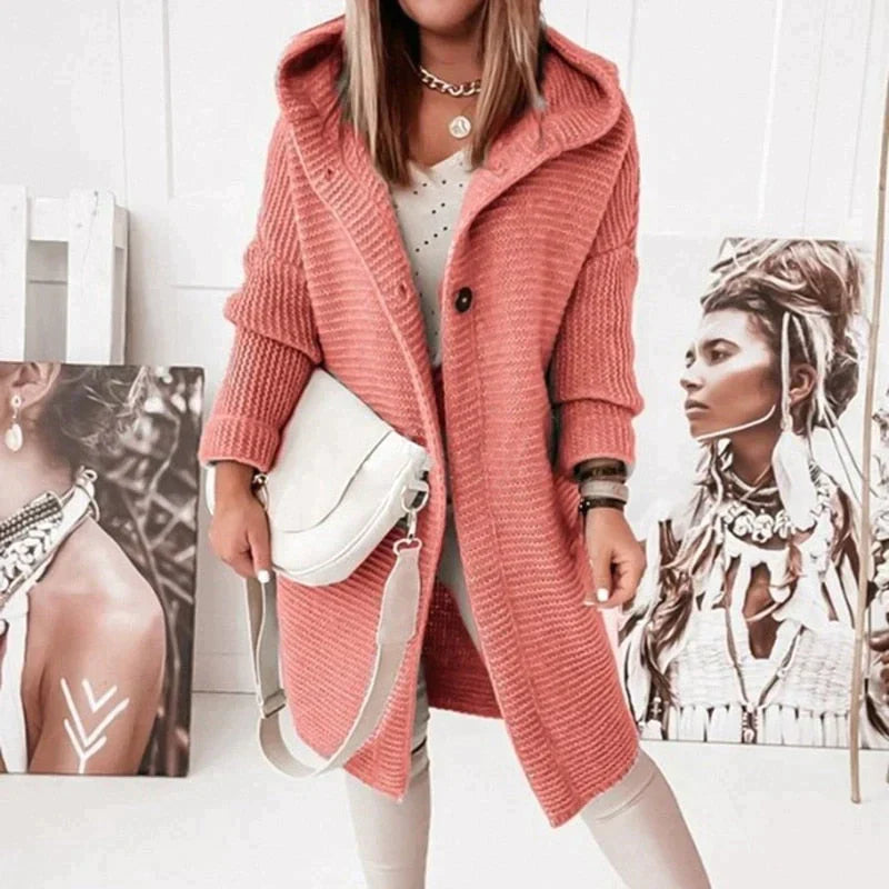 Women's long hooded knit cardigan