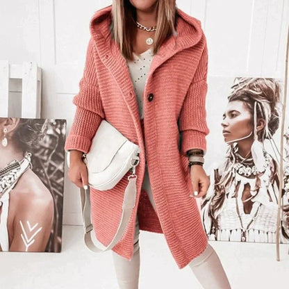 Women's long hooded knit cardigan