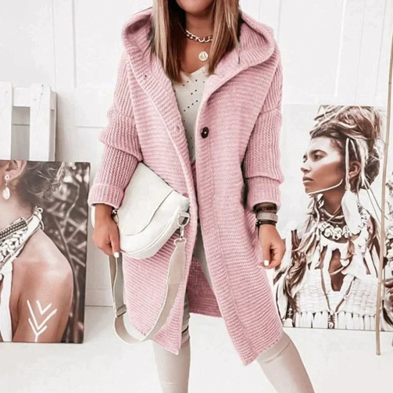 Women's long hooded knit cardigan