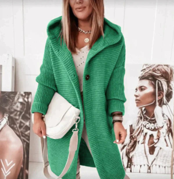 Women's long hooded knit cardigan
