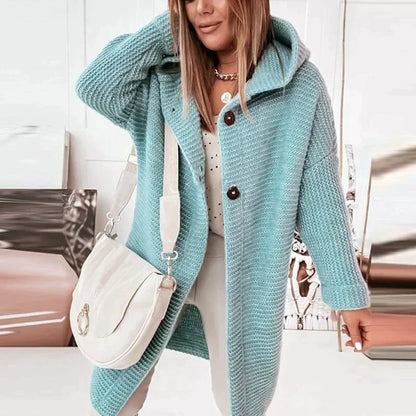 Women's long hooded knit cardigan