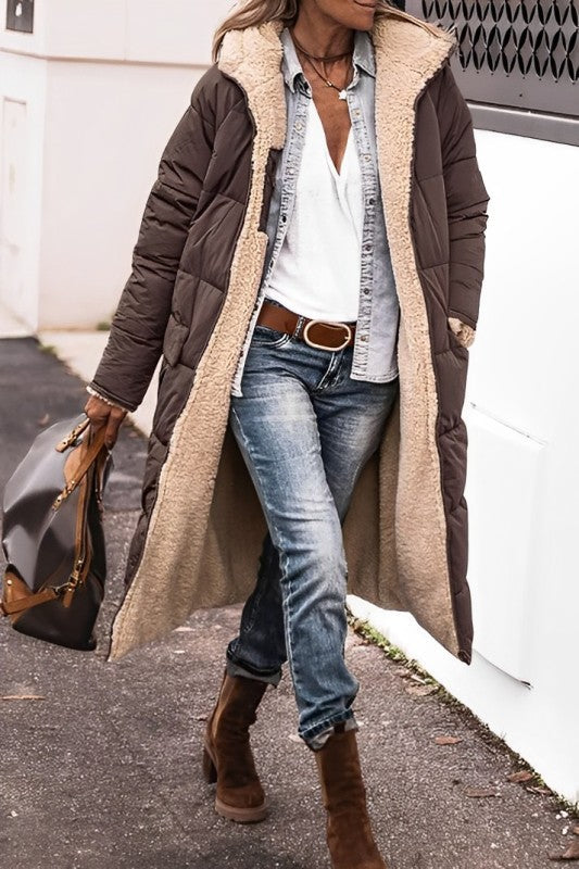 Women's long reversible teddy-lined hooded winter coat