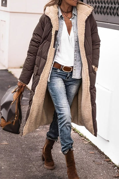 Women's long reversible teddy-lined hooded winter coat