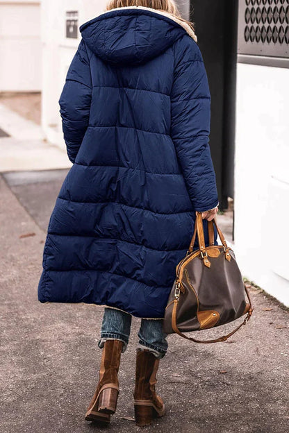 Women's long reversible teddy-lined hooded winter coat