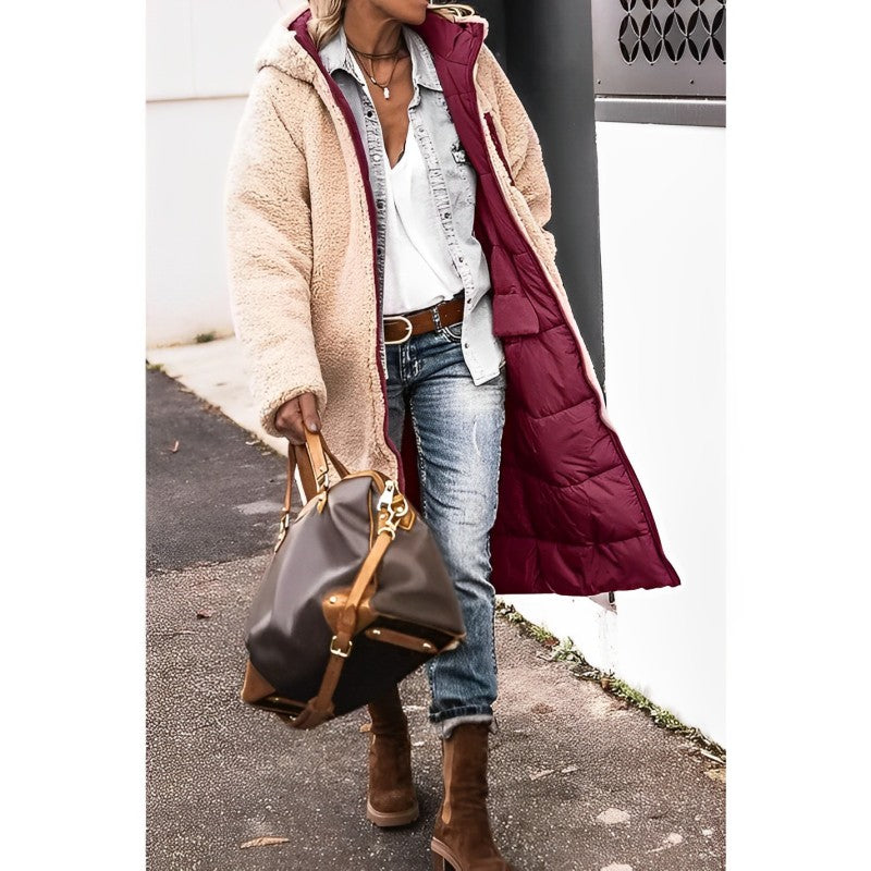 Women's long reversible teddy-lined hooded winter coat