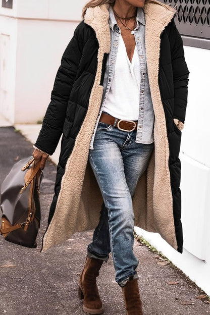 Women's long reversible teddy-lined hooded winter coat