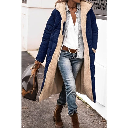 Women's long reversible teddy-lined hooded winter coat