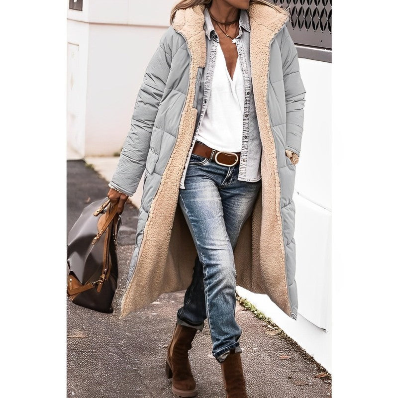 Women's long reversible teddy-lined hooded winter coat
