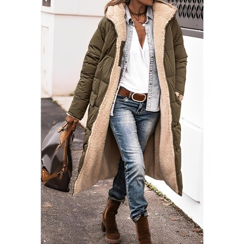Women's long reversible teddy-lined hooded winter coat