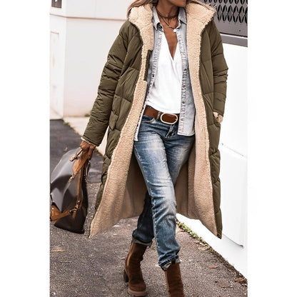 Women's long reversible teddy-lined hooded winter coat