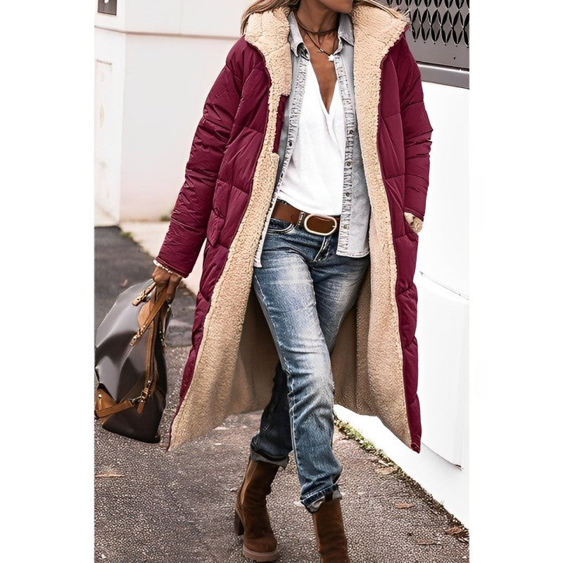 Women's long reversible teddy-lined hooded winter coat