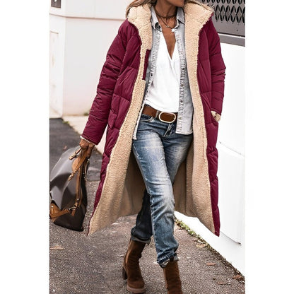 Women's long reversible teddy-lined hooded winter coat