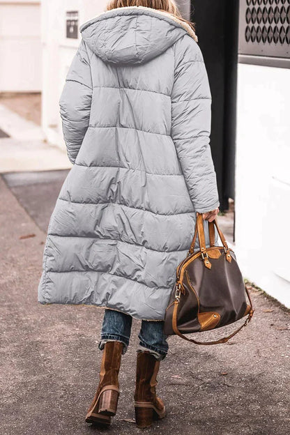 Women's long reversible teddy-lined hooded winter coat