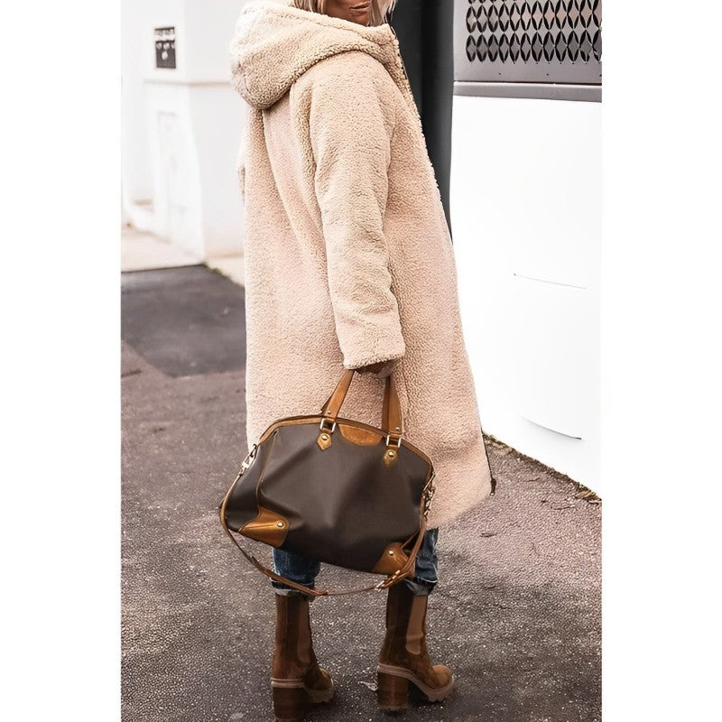 Women's long reversible teddy-lined hooded winter coat