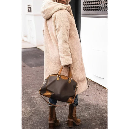 Women's long reversible teddy-lined hooded winter coat
