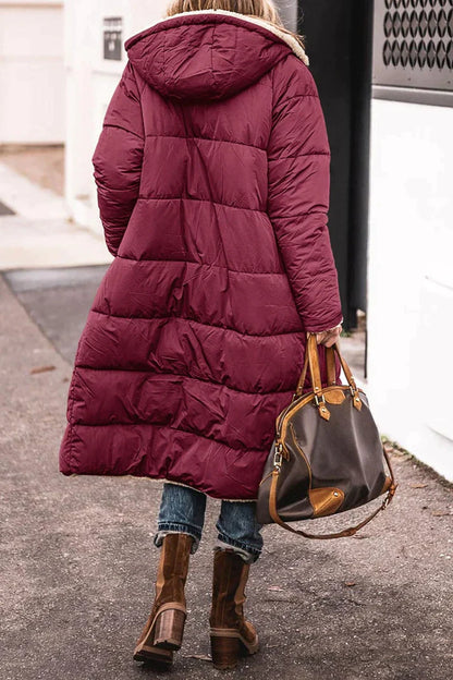 Women's long reversible teddy-lined hooded winter coat