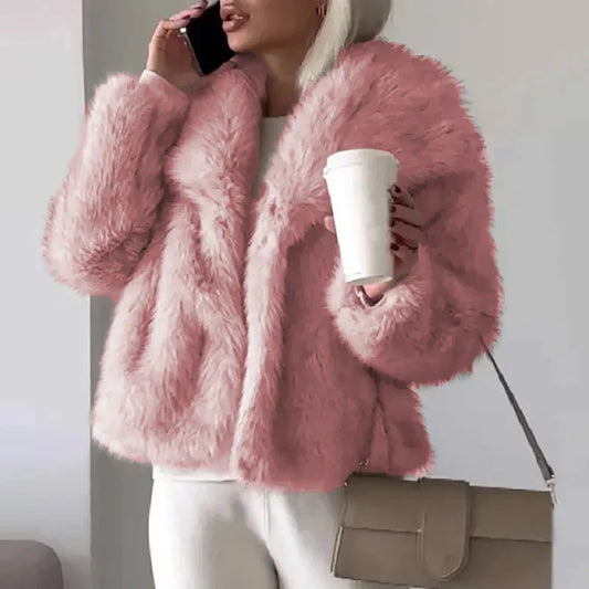 Women's pink cosy short fluffy faux fur winter jacket