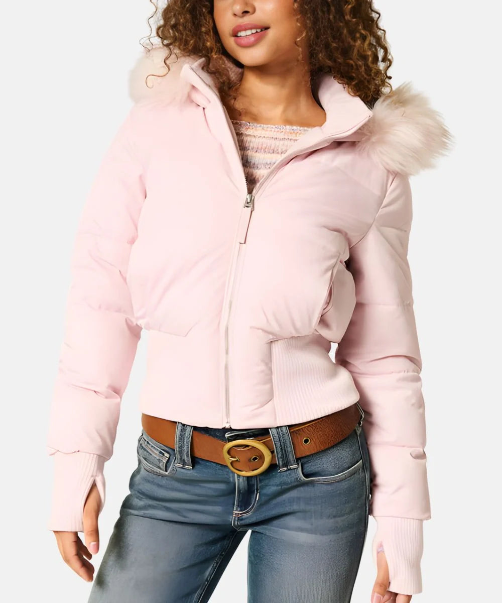 Women's pink faux fur trim puffer jacket