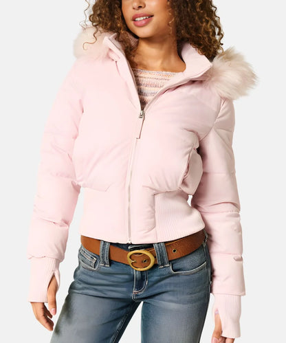 Women's pink faux fur trim puffer jacket