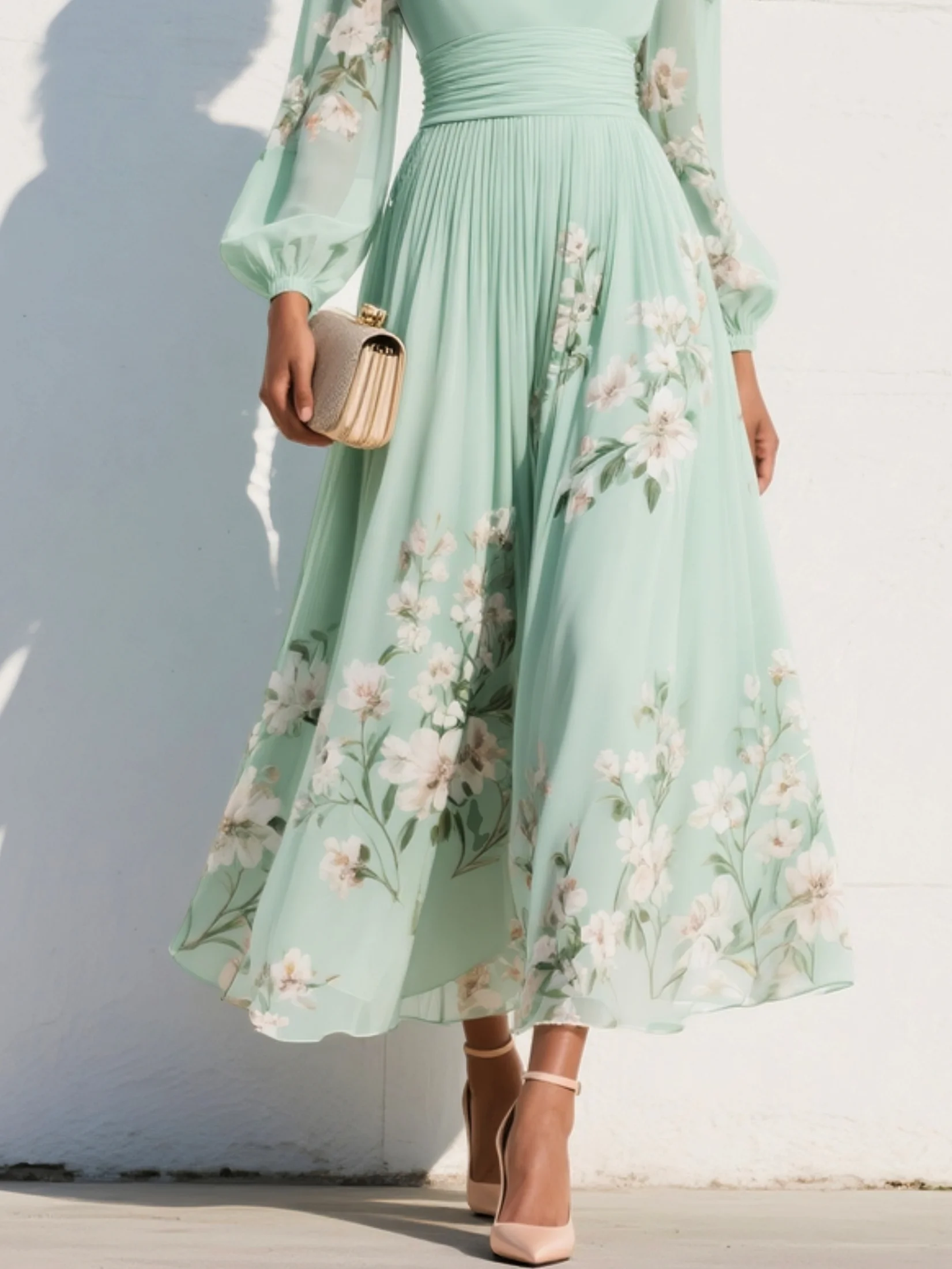 Women's chiffon floral V-neck midi dress with balloon sleeves