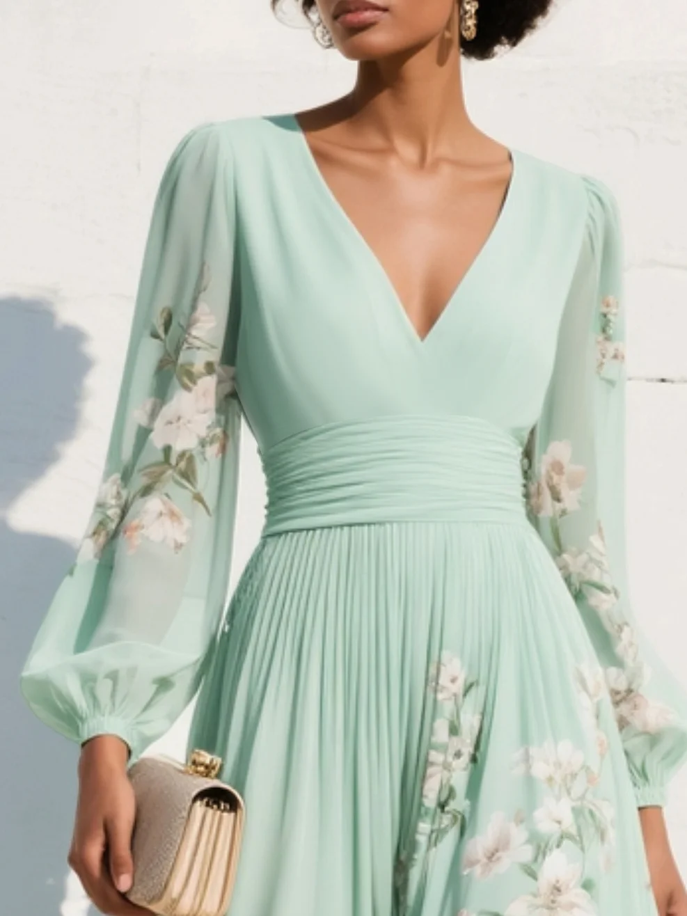 Women's chiffon floral V-neck midi dress with balloon sleeves