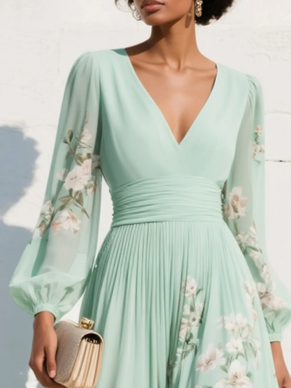 Women's chiffon floral V-neck midi dress with balloon sleeves