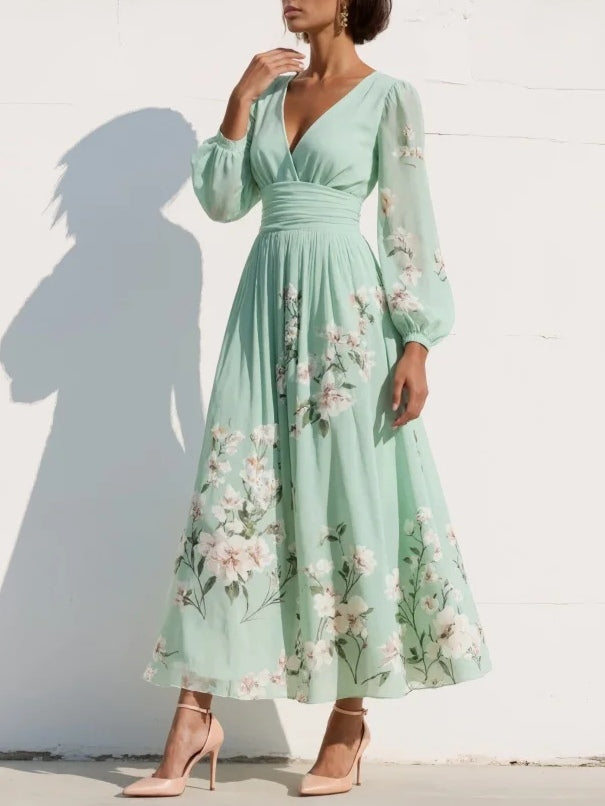 Women's chiffon floral V-neck midi dress with balloon sleeves